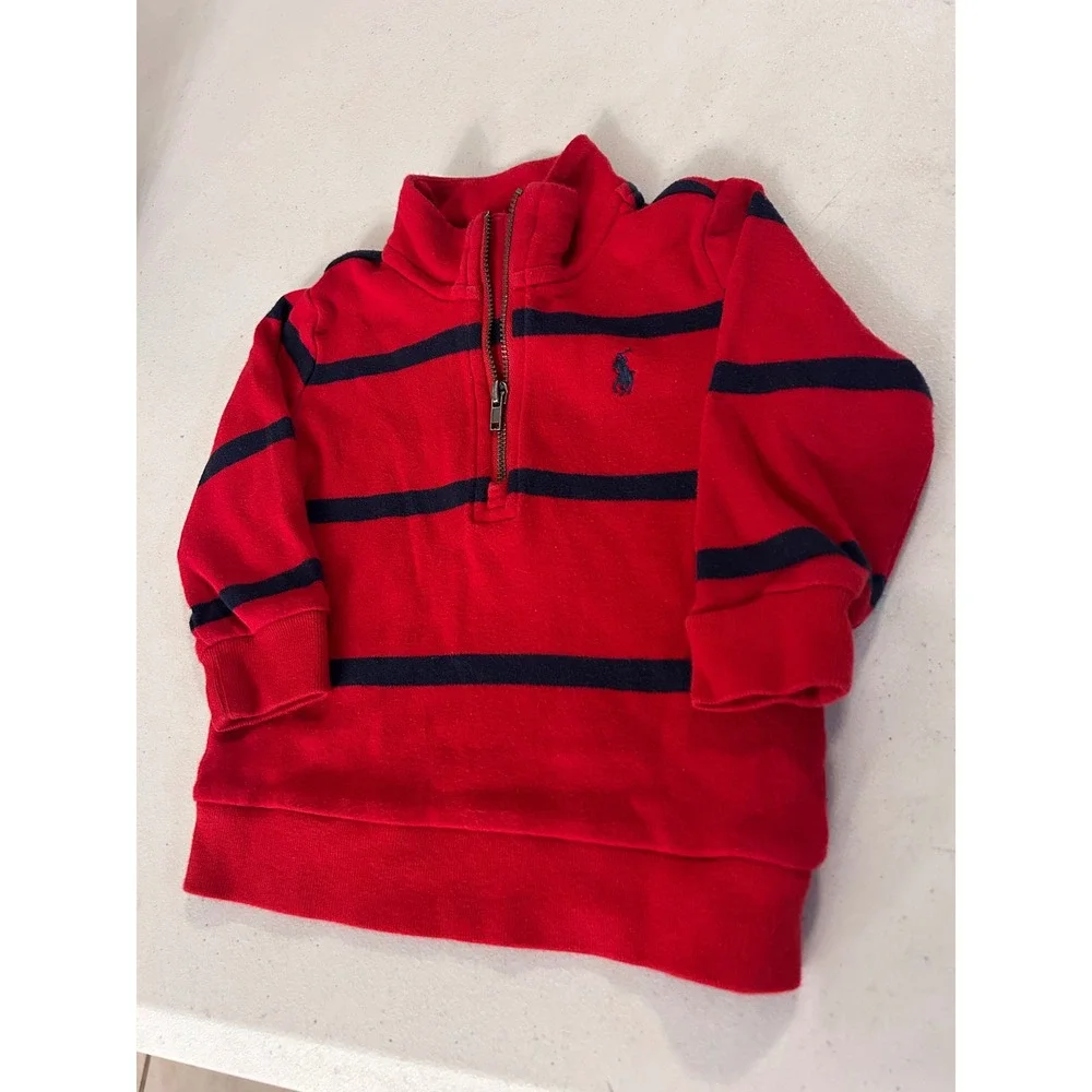 Ralph Lauren Baby Boy Red Navy Blue Striped Quarter Zip Pullover Sweatshirt 12M
